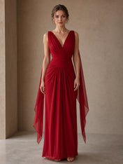 V-Neck Pleated Column Gown with Draped Cape Sleeves Bridesmaid Dress