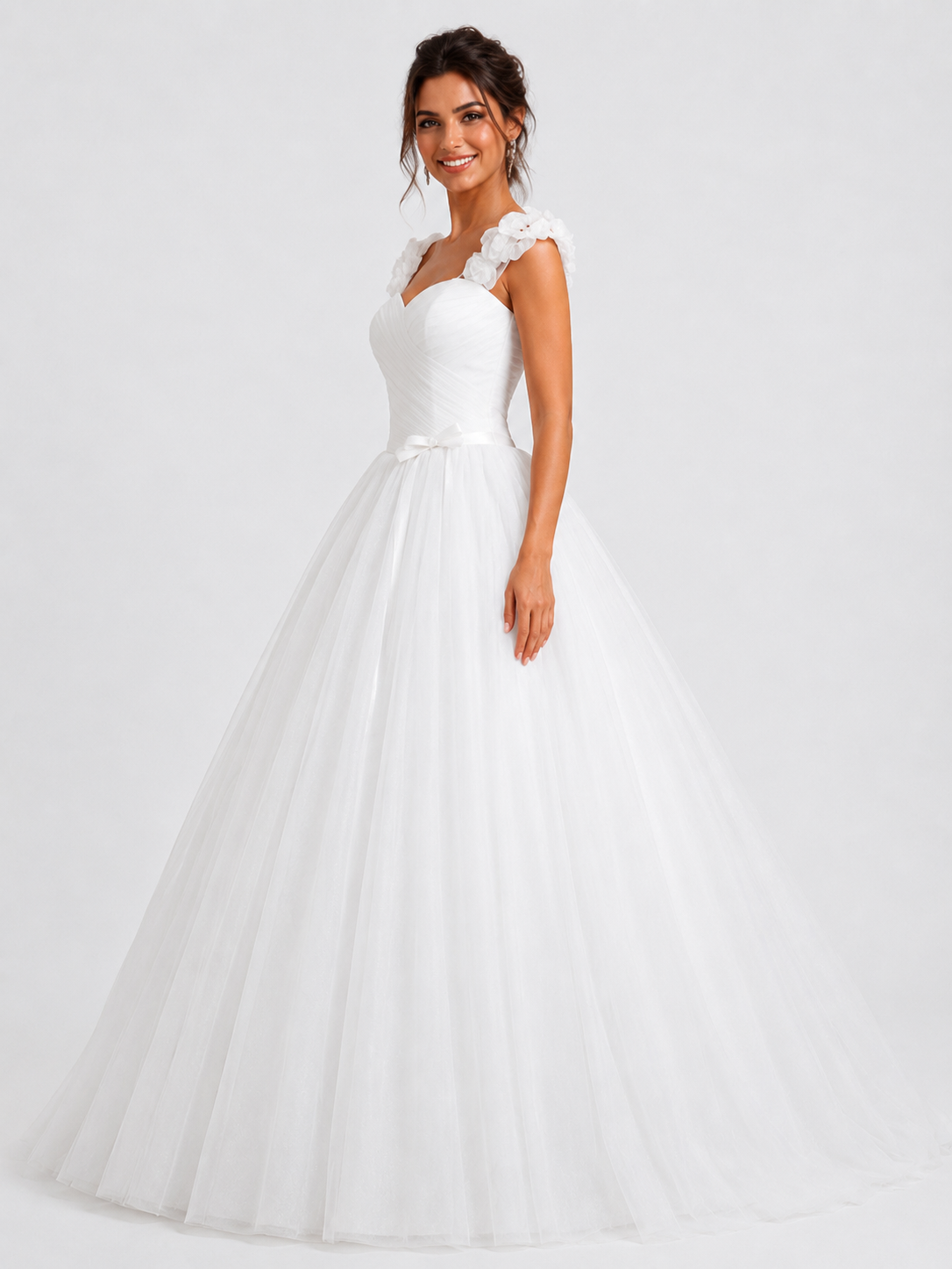 Elegant Ruched Tulle A-Line Wedding Dress with Ruffled Floral Straps and Chapel Train
