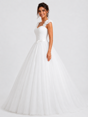 Elegant Ruched Tulle A-Line Wedding Dress with Ruffled Floral Straps and Chapel Train