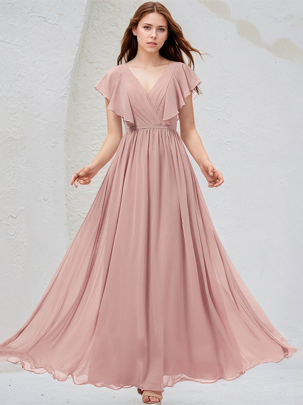 Dusty Rose A-Line V-Neck Floor-Length Chiffon Bridesmaid Dress