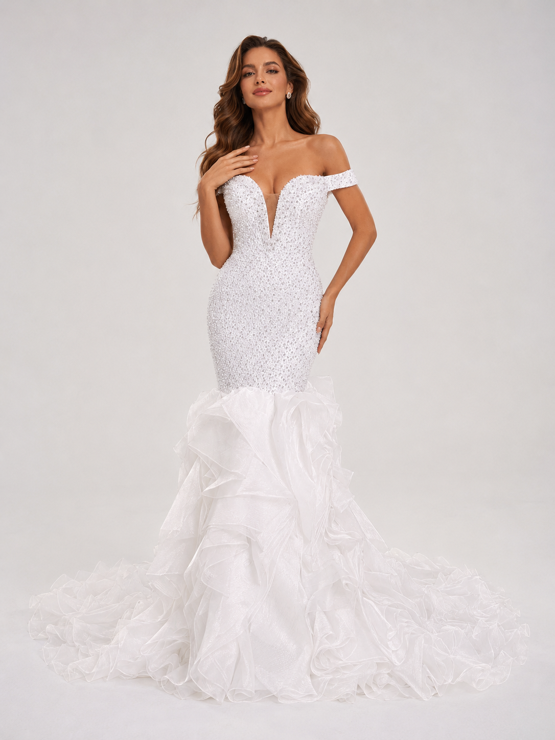 Elegant Off-the-Shoulder Beaded Mermaid Wedding Dress with Ruffled Train