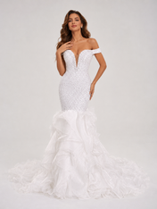 Elegant Off-the-Shoulder Beaded Mermaid Wedding Dress with Ruffled Train