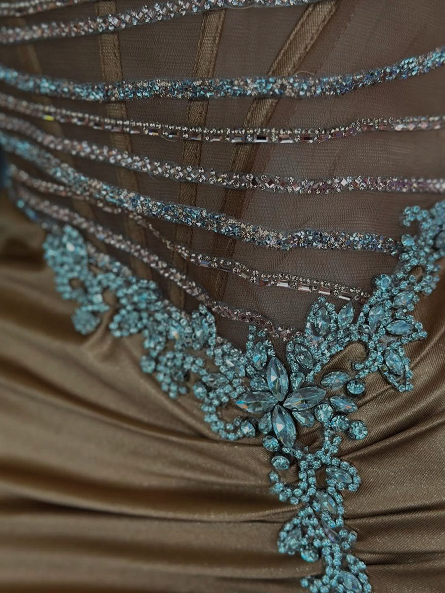 Gold Liquid Beaded Bodice Satin Prom Dress with Slit