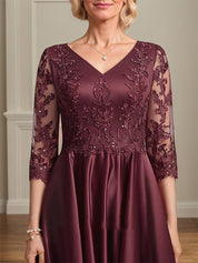 A-line V-Neck Asymmetrical Satin Lace Mother of the Bride Dress With Sequins