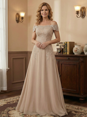 Elegant Taupe Off The Shoulder Sheath Mother of the Bride Dress with Lace