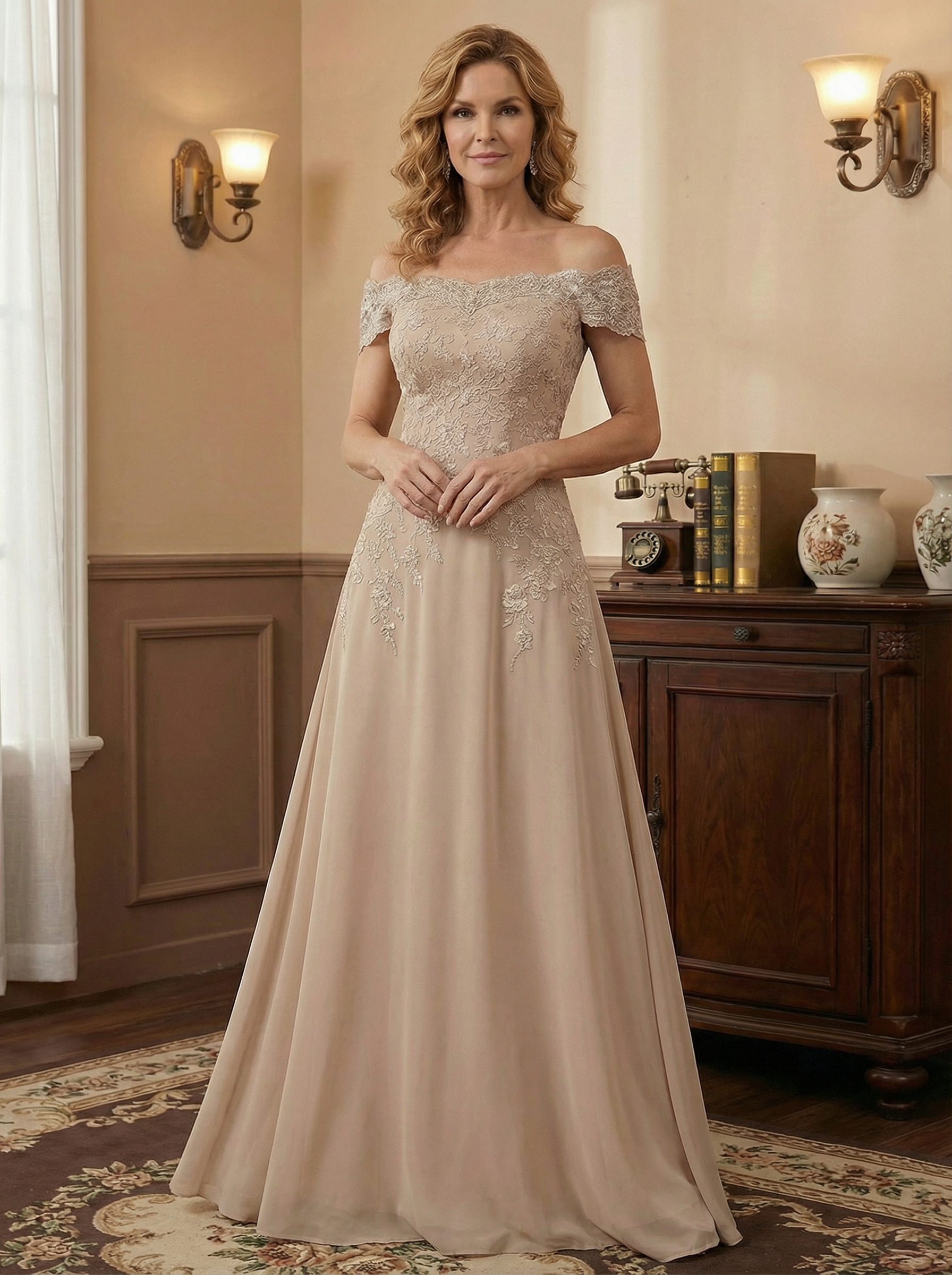 Elegant Taupe Off The Shoulder Sheath Mother of the Bride Dress with Lace