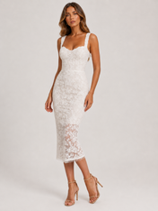 Elegant Scoop Neck Lace Appliqué Midi Cocktail Wedding Dress with Wide Straps