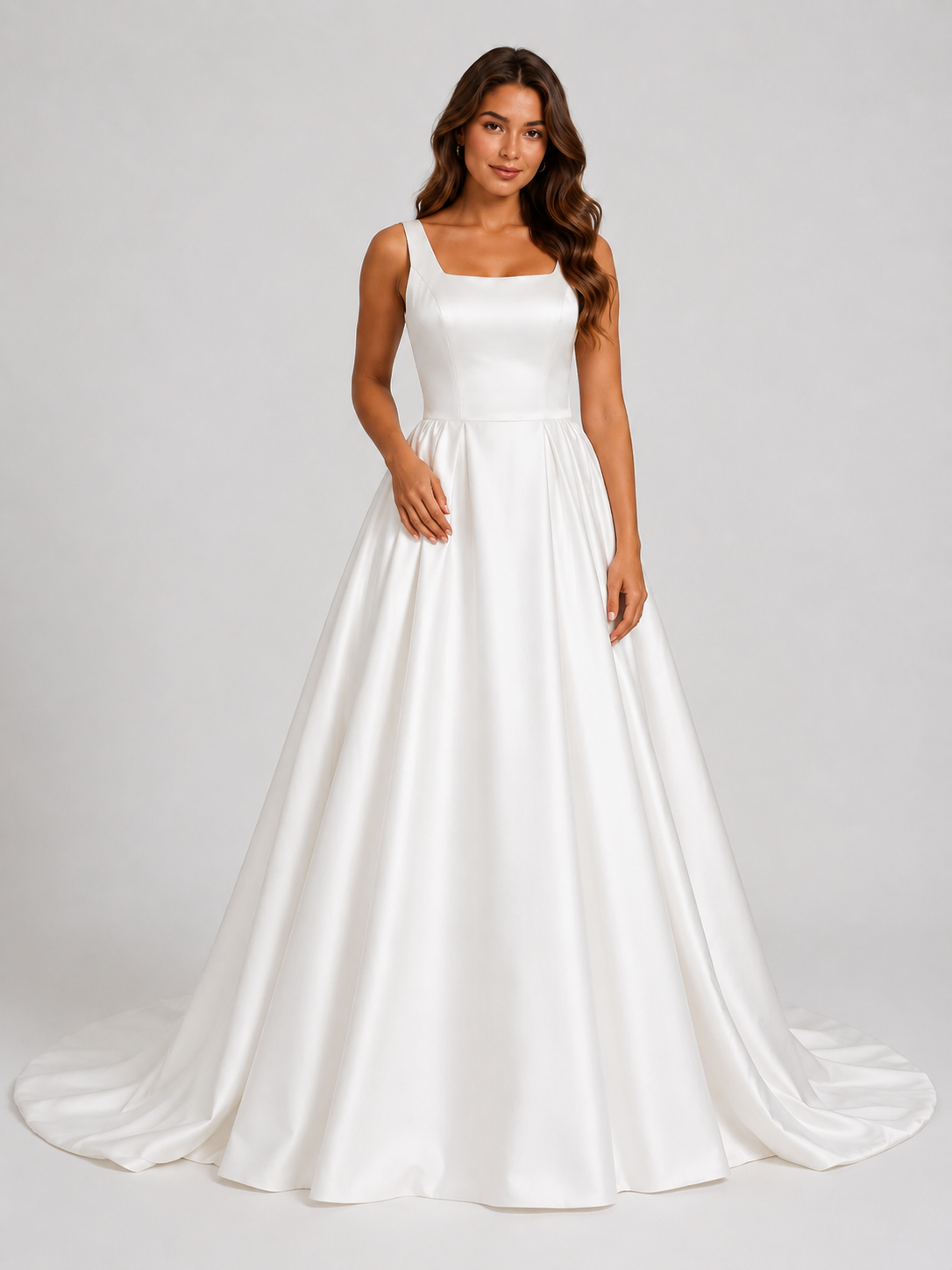 Elegant Square Neckline Satin A-Line Wedding Dress with Chapel Train