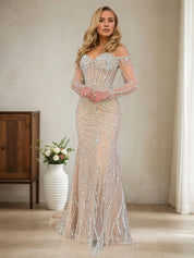 Sparkly Champagne Mermaid Off the Shoulder Long Prom Dress With Corset