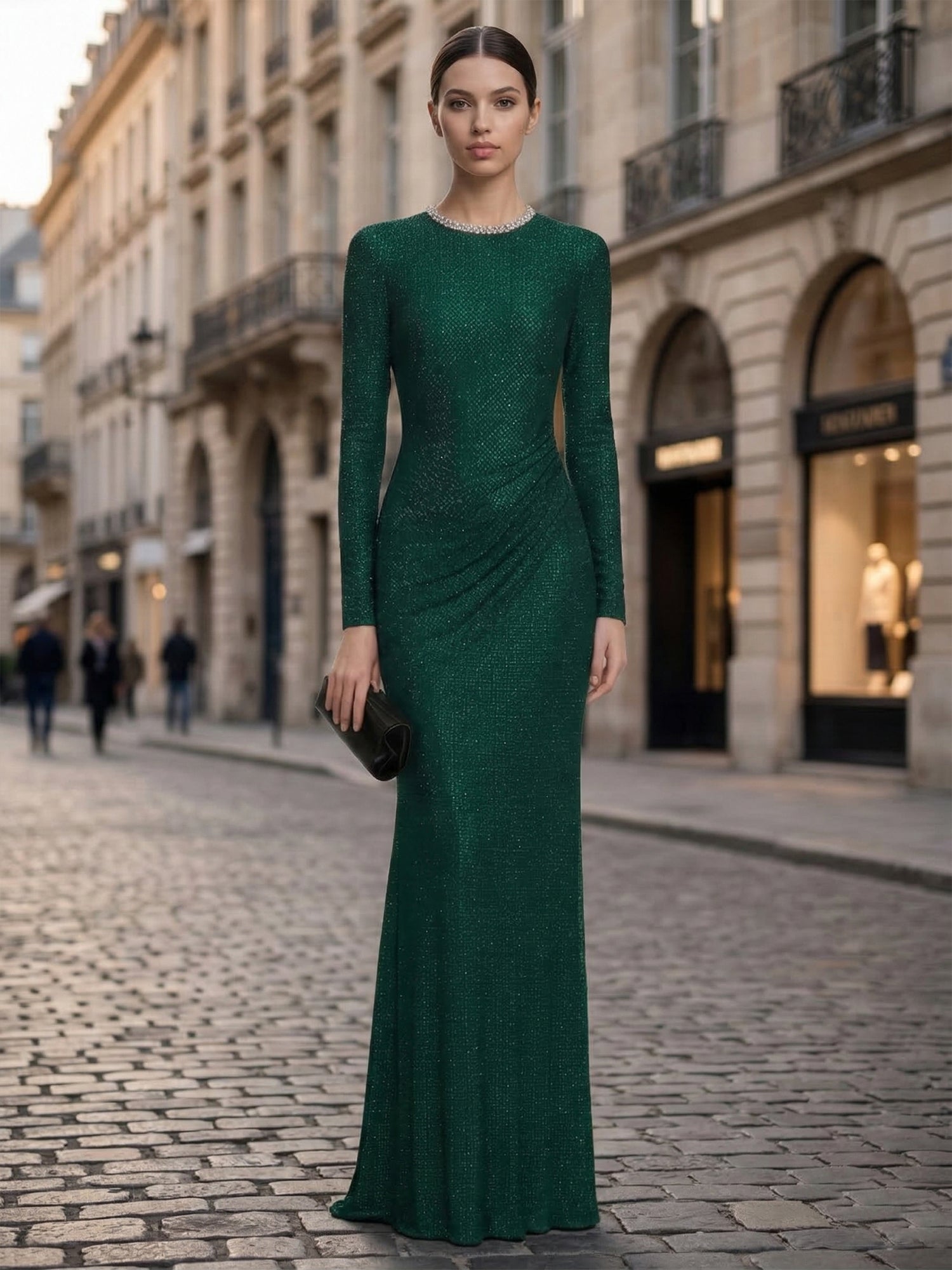 Green Sequin Crew Neck Long Sleeve Sheath Evening Gown Maxi Dress