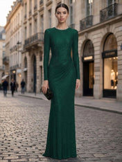 Green Sequin Crew Neck Long Sleeve Sheath Evening Gown Maxi Dress