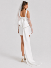 Elegant Square-Neck Satin Mini Wedding Dress with Oversized Back Bow and Long Train