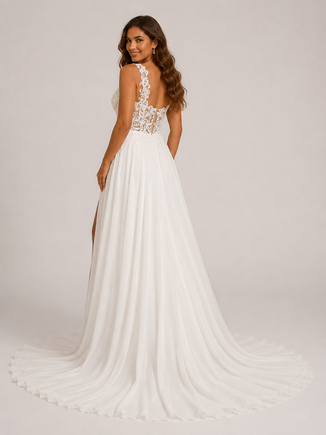 Elegant Illusion Lace Bodice Chiffon A-Line Wedding Dress with High Slit and Sweep Train