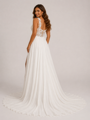 Elegant Illusion Lace Bodice Chiffon A-Line Wedding Dress with High Slit and Sweep Train