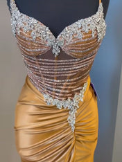 Gold Plunging V-Neck Beaded Bodice Satin Prom Dress with Slit