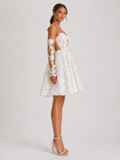 Elegant Strapless Sweetheart Lace Applique Short A-Line Wedding Dress with Detachable Sleeves