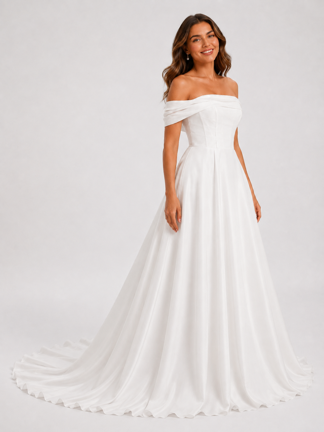 Elegant Off-the-Shoulder Draped Satin A-Line Wedding Dress with Chapel Train