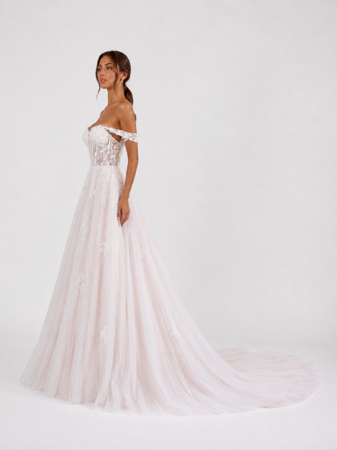 Elegant Off-the-Shoulder Lace Bodice Tulle A-Line Wedding Dress with Chapel Train