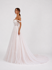 Elegant Off-the-Shoulder Lace Bodice Tulle A-Line Wedding Dress with Chapel Train