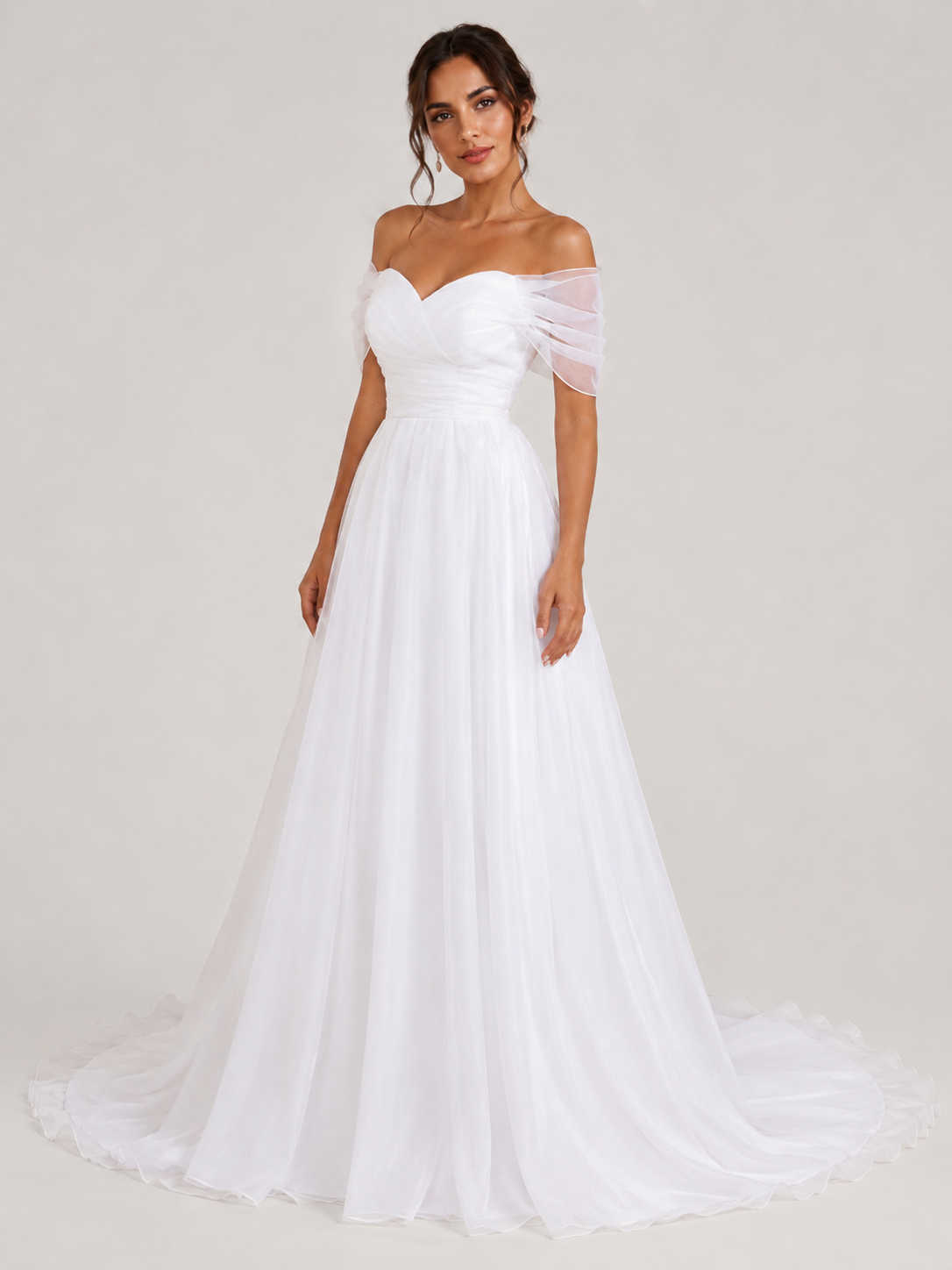 Elegant Ruched Off-the-Shoulder Tulle A-Line Wedding Dress with Sweep Train