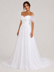 Elegant Ruched Off-the-Shoulder Tulle A-Line Wedding Dress with Sweep Train