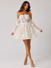 Elegant Off-the-Shoulder Floral Applique Short A-Line Wedding Dress with Bell Sleeves