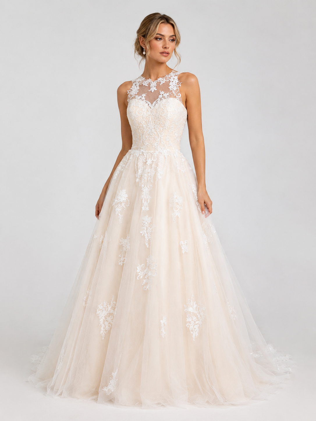 Elegant Illusion High-Neck Lace Applique Tulle A-Line Wedding Dress with Chapel Train