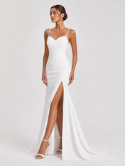 Elegant Spaghetti Strap Ruched Satin Mermaid Wedding Dress with High Slit and Chapel Train