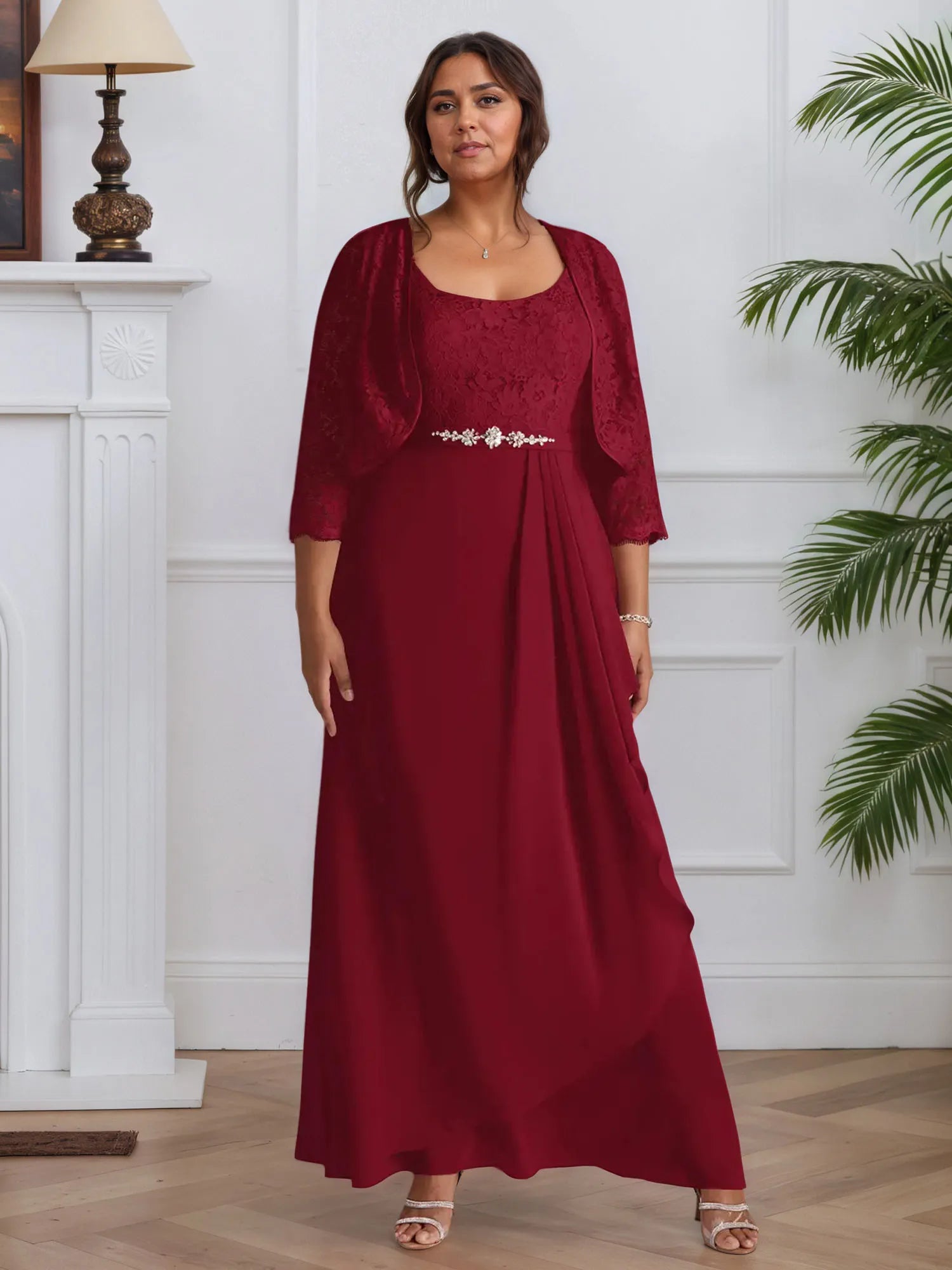 A-Line Square Neckline Lace Chiffon Mother of the Bride Dress