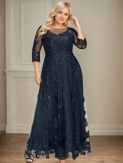 A-line Scoop Illusion Floor-Length Tulle Lace Mother of the Bride Dress With Sequins