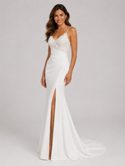 Elegant Lace Bodice Satin Mermaid Wedding Dress with High Slit and Chapel Train