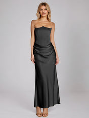 Black Satin Sheath/Column Off The Shoulder Sleeveless Floor Length Dress