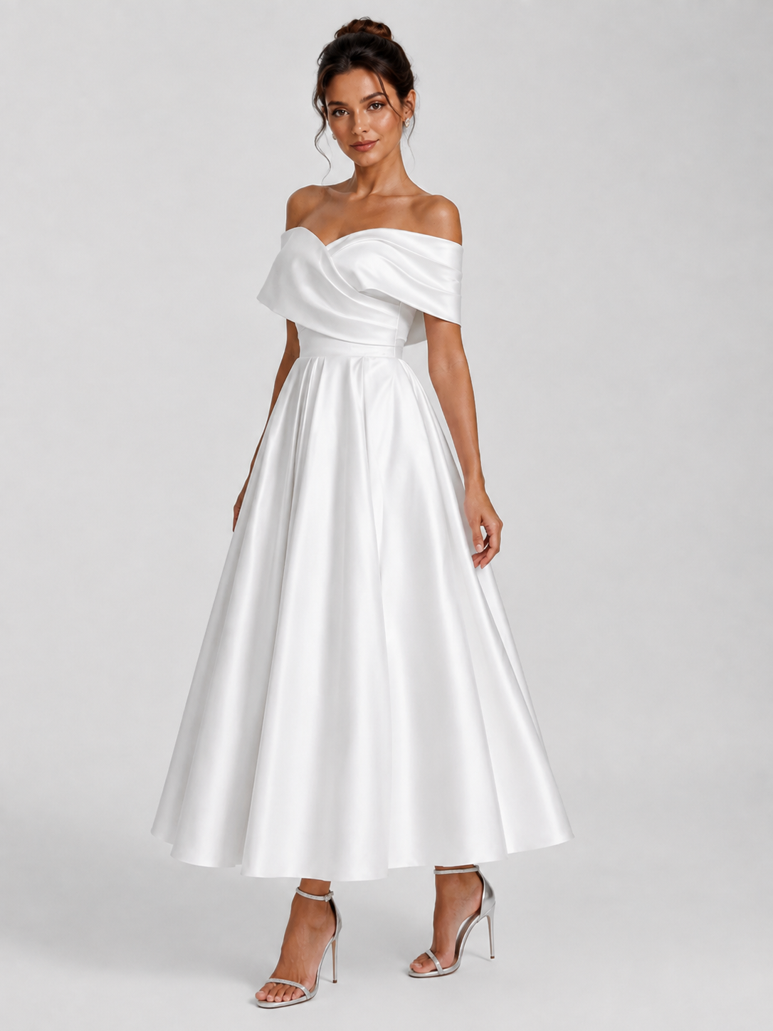 Elegant Off-the-Shoulder Ruched Satin A-Line Midi Wedding Dress