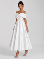 Elegant Off-the-Shoulder Ruched Satin A-Line Midi Wedding Dress
