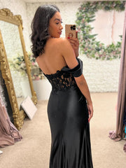 Black Mermaid  Off the Shoulder Long Prom Dress with Appliques
