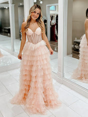 Pink A-Line Spaghetti Straps Tiered Tulle Long Prom Dress