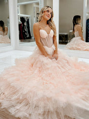 Pink A-Line Spaghetti Straps Tiered Tulle Long Prom Dress
