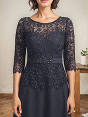 A-line Scoop Illusion Ankle-Length Chiffon Lace Mother of the Bride Dress With Rhinestone Beading