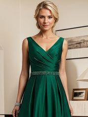 Dark Green A-line V-Neck Tea-Length Satin Mother of the Bride Dress with Pleated