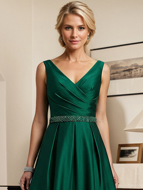 Dark Green A-line V-Neck Tea-Length Satin Mother of the Bride Dress with Pleated