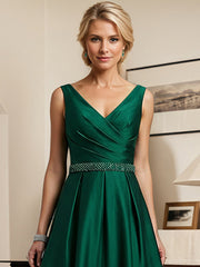 Dark Green A-line V-Neck Tea-Length Satin Mother of the Bride Dress with Pleated