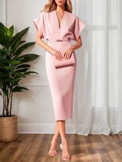 Light Blue Classic V Neck Short Sleeve Dolman Sleeve Sheath Midi Dress