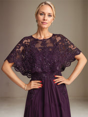 A-line Boat Neck Floor-Length Lace Chiffon Mother of the Bride Dress With Applique Sequins