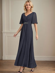 A-line V-Neck Ankle-Length Chiffon Mother of the Bride Dress With Pleated Beading Sequins