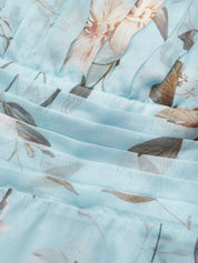 Light Blue Floral Ruched Chiffon One Shoulder Sleeveless A Line Maxi Dress