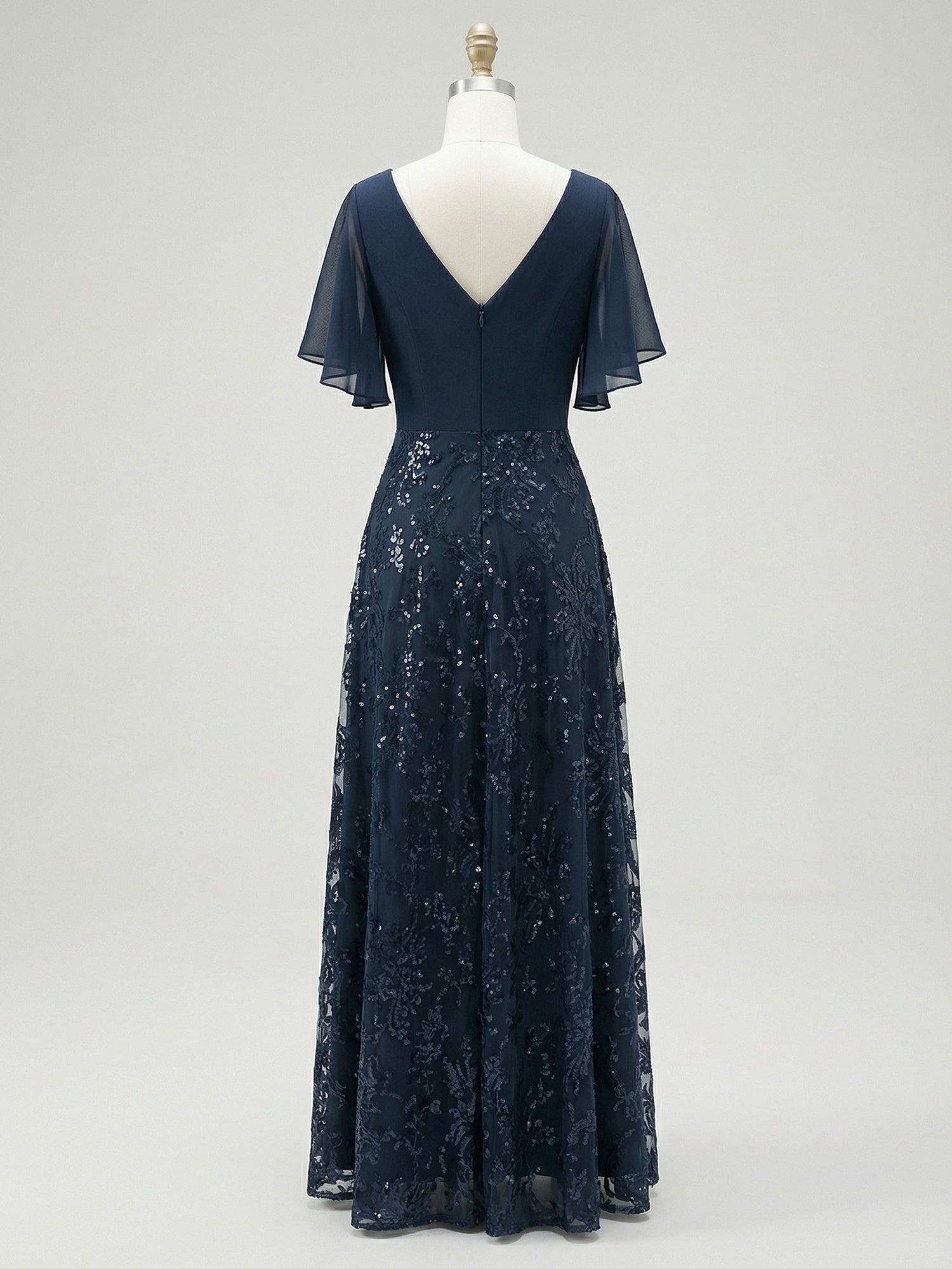 A-line V-Neck Floor-Length Lace Sequin Chiffon Mother of the Bride Dress With Pleated