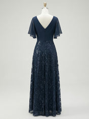 A-line V-Neck Floor-Length Lace Sequin Chiffon Mother of the Bride Dress With Pleated