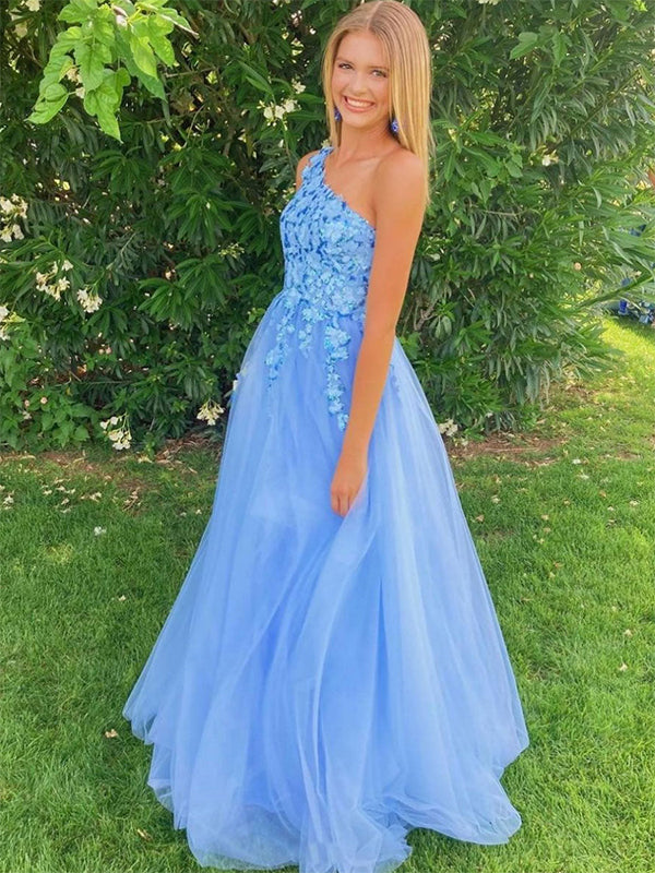 Blue A Line One Shoulder Tulle Long Prom Dress with Appliques