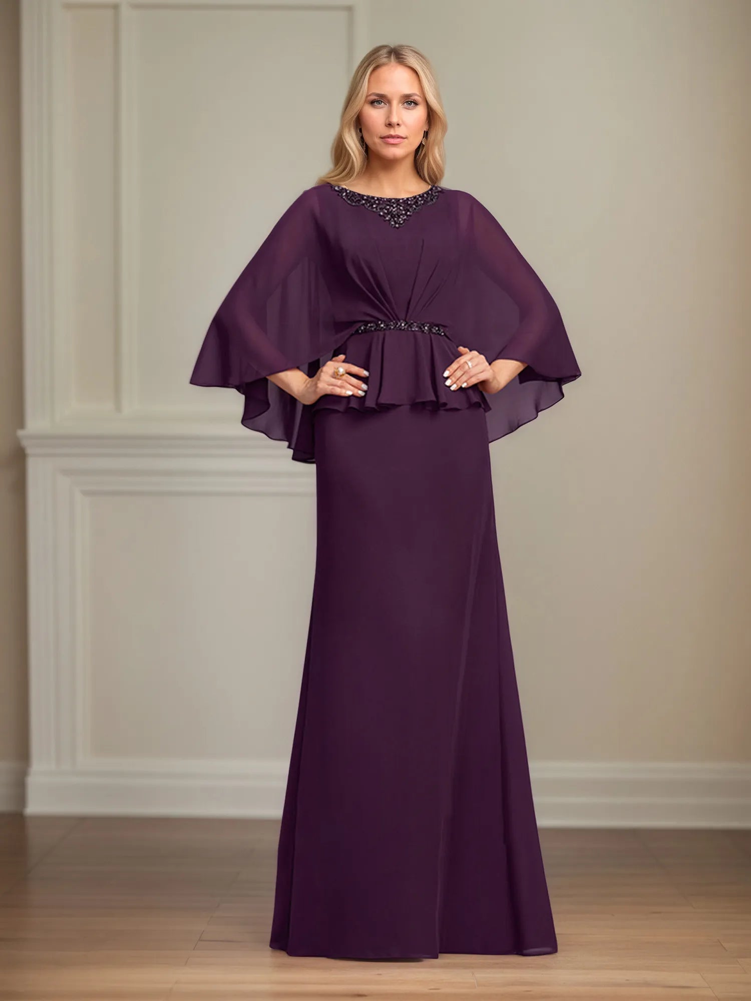A-line Scoop Floor-Length Chiffon Mother of the Bride Dress With Pleated Sequins Beading