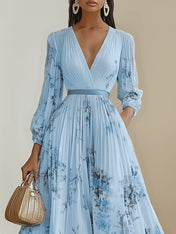 White Pleated Chiffon V Neck Floral Long Sleeve Balloon Sleeve A-Line Maxi Dress